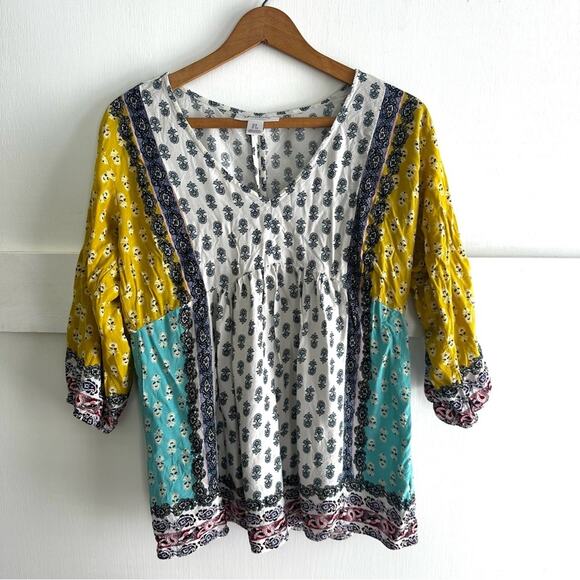 Motherhood Maternity Blue Yellow White Boho v neck 3/4 sleeve Flowy Top Small - Picture 1 of 7